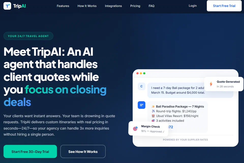 TripAI travel agent interface with AI-generated tour recommendations