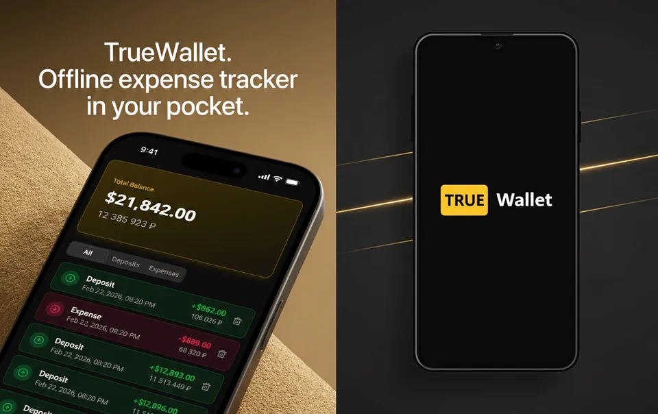 TrueWallet app screens for offline expense tracking and currency conversion